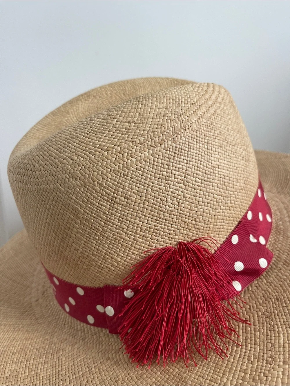 Betmar New York Natural Straw Cloche with Red Polka Dot Band